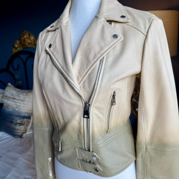 Pinko Cream and Sage Green Leather Moto Jacket - Picture 3 of 15